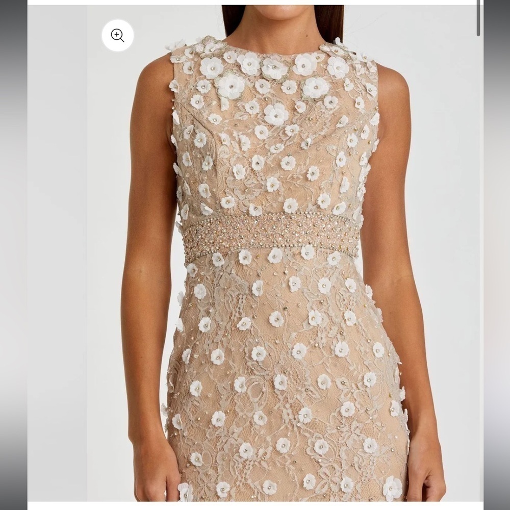 See Clip 😍New ▶️ Mac Duggal ◀️ Floral Applique Sleeveless Midi Dress Ivory Nude - Picture 2 of 15